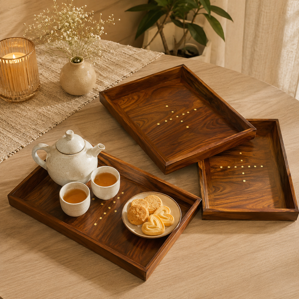 Set of 3 Handcrafted Wooden Serving Trays with Star Inlay