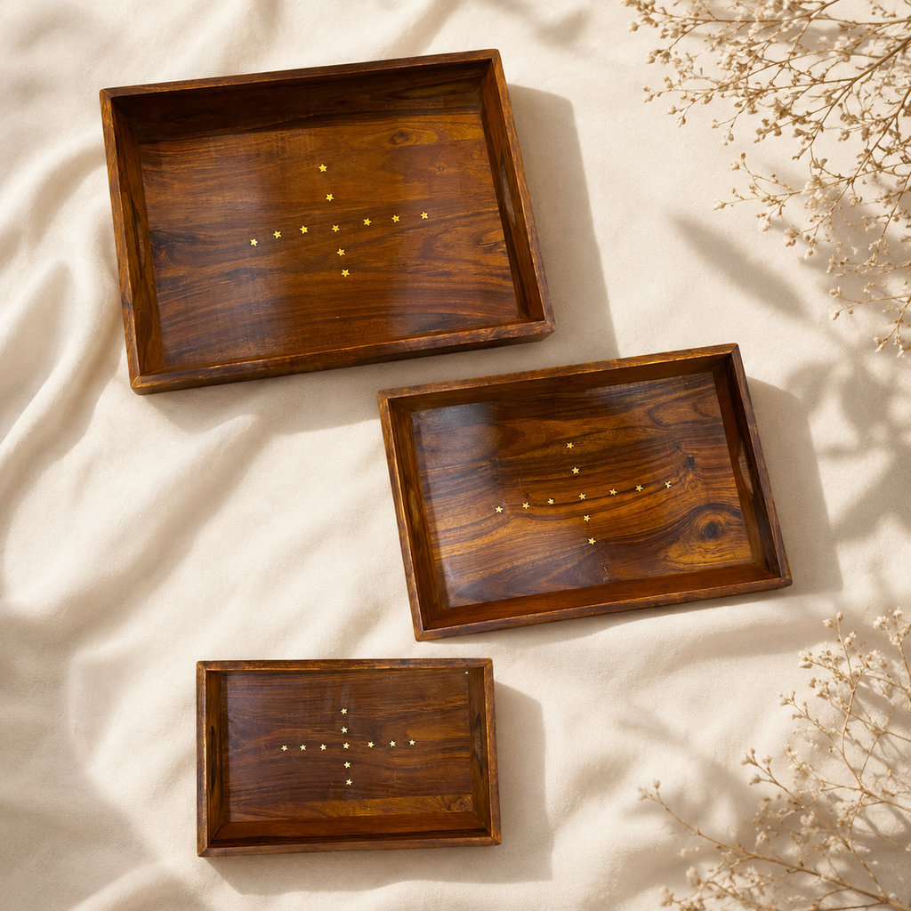 Set of 3 Handcrafted Wooden Serving Trays with Star Inlay