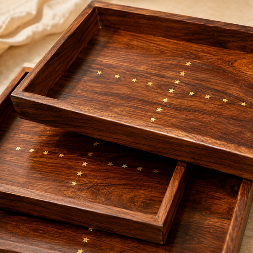 Set of 3 Handcrafted Wooden Serving Trays with Star Inlay
