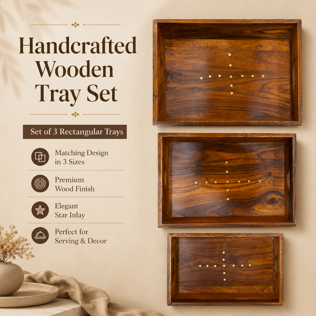 Set of 3 Handcrafted Wooden Serving Trays with Star Inlay
