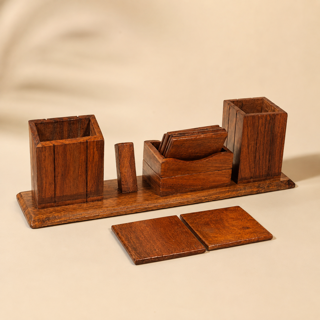 Wooden Desk Organizer Set with Multi-Compartment Storage & 2 Coasters
