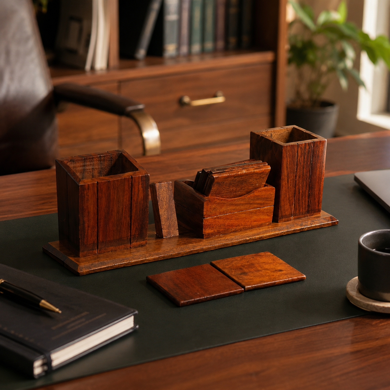 Wooden Desk Organizer Set with Multi-Compartment Storage & 2 Coasters