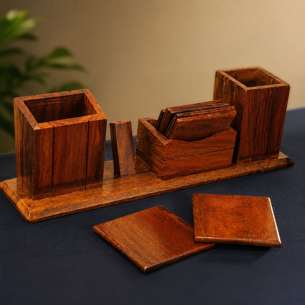 Wooden Desk Organizer Set with Multi-Compartment Storage & 2 Coasters