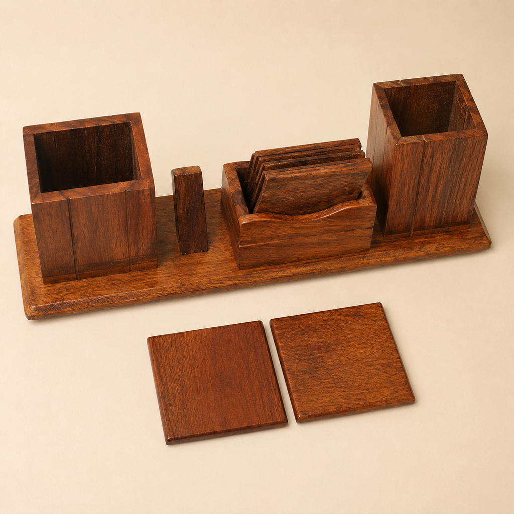 Wooden Desk Organizer Set with Multi-Compartment Storage & 2 Coasters