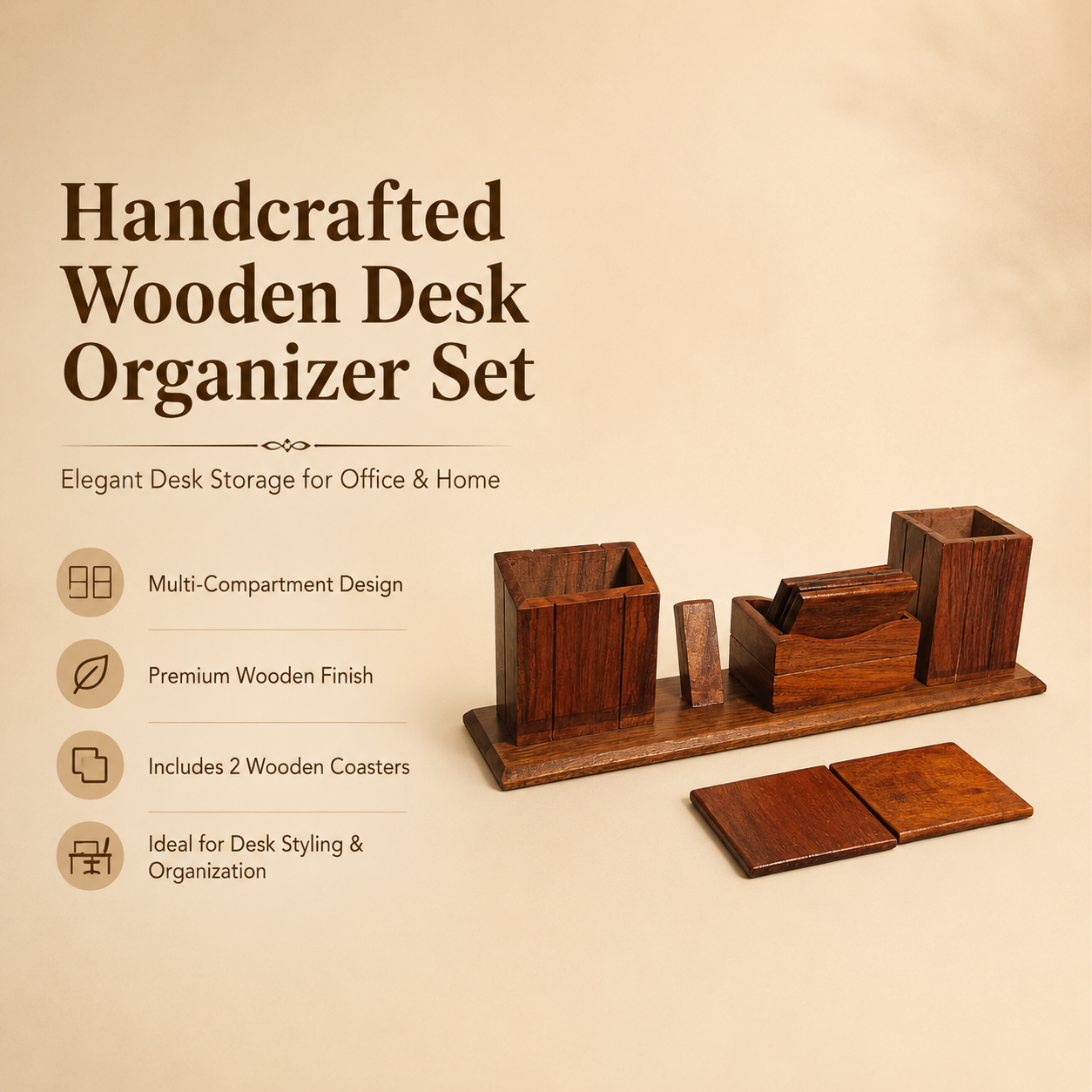 Wooden Desk Organizer Set with Multi-Compartment Storage & 2 Coasters
