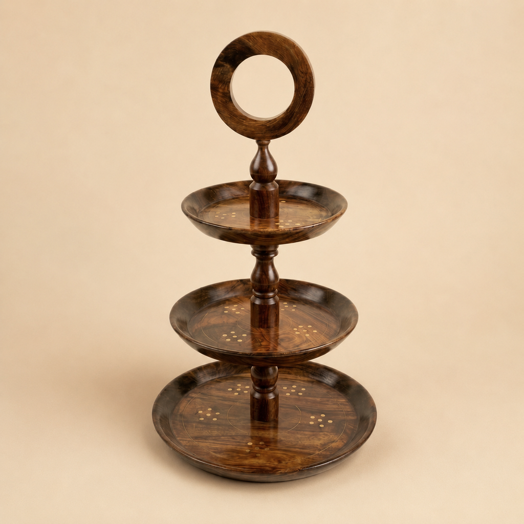 Handcrafted Wooden 3-Tier Cake Stand with Carry Ring – Dessert, Cupcake & Dry Fruit Serving Tray