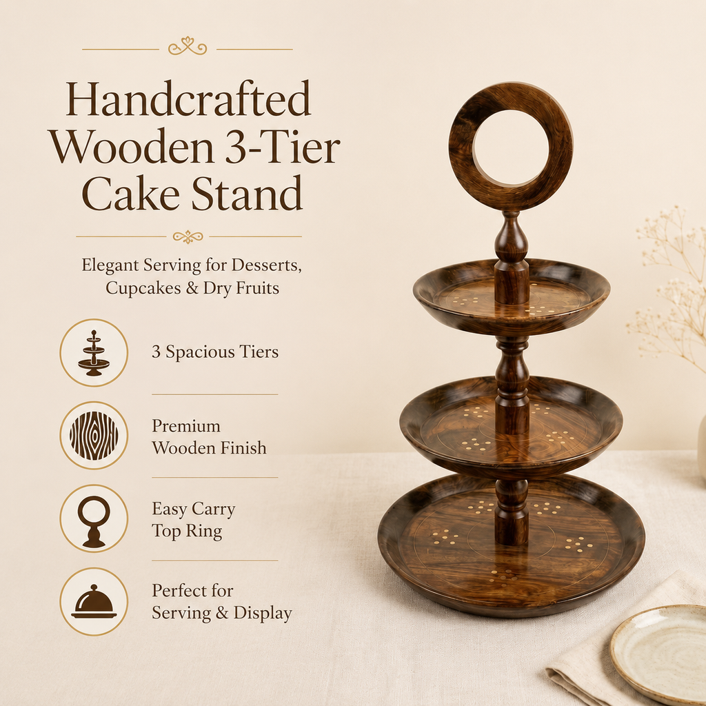 Handcrafted Wooden 3-Tier Cake Stand with Carry Ring – Dessert, Cupcake & Dry Fruit Serving Tray
