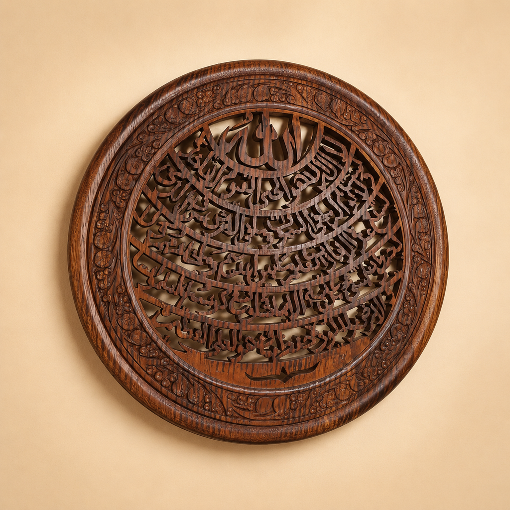 Handcrafted Wooden Islamic Wall Décor with Intricate Arabic Calligraphy – Round Carved Wall Art