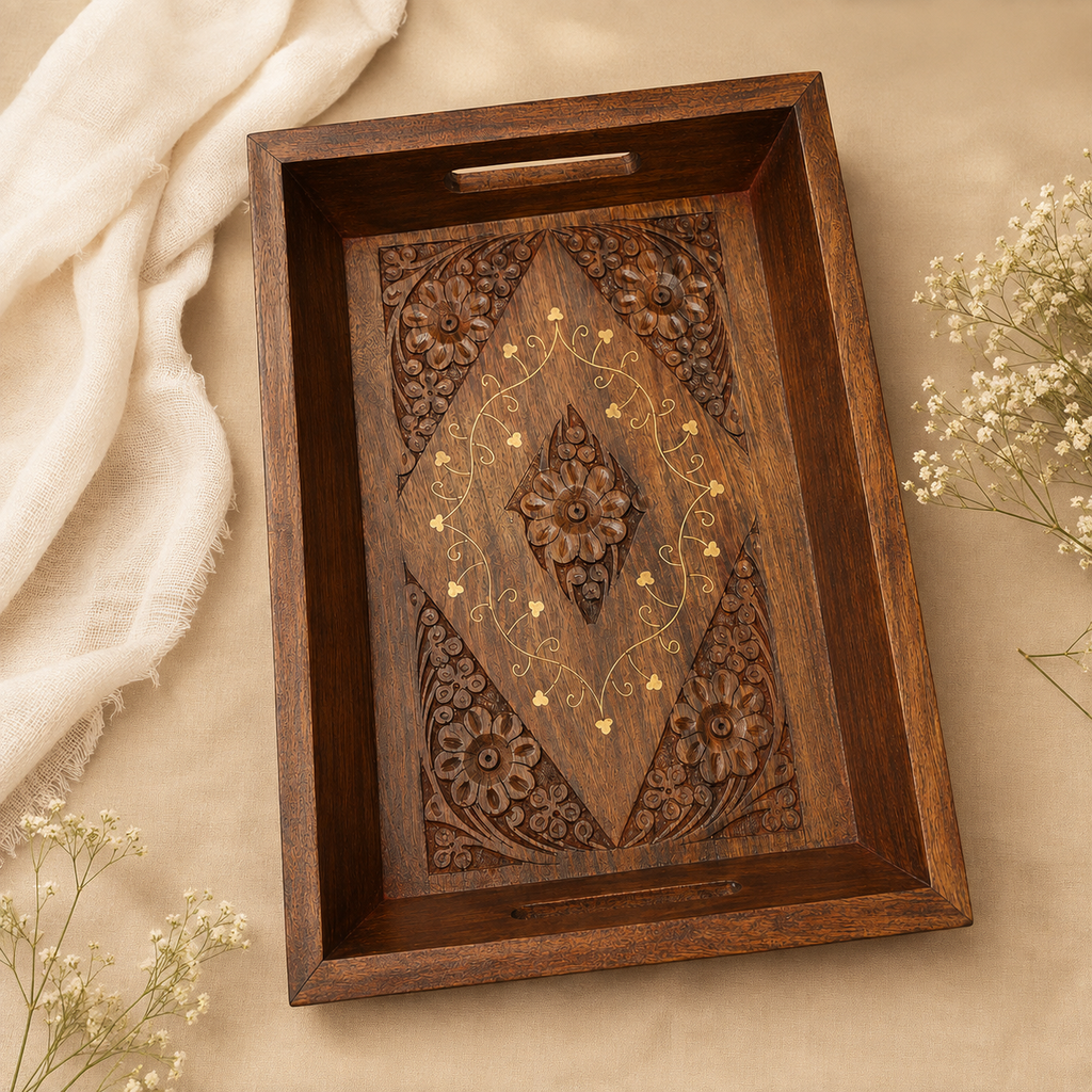 Handcrafted Wooden Serving Tray Set of 3 – Carved Nesting Trays with Built-in Handles