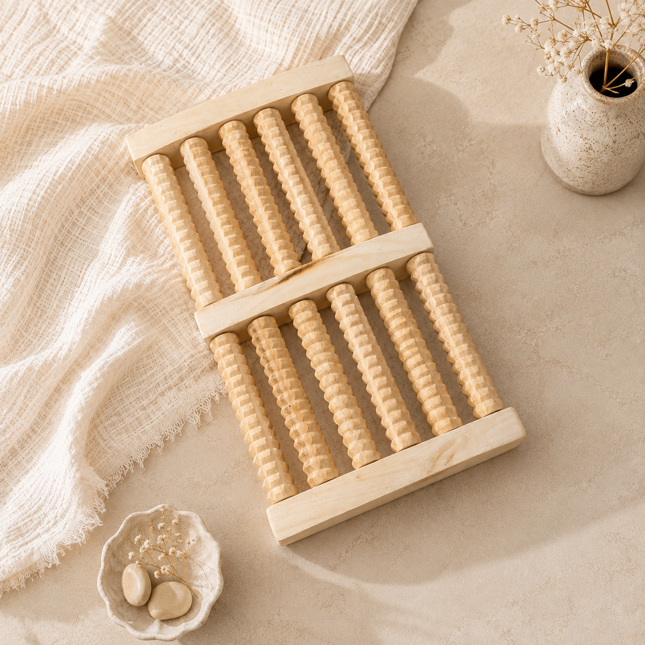 Natural Wooden Foot Massager with 10 Textured Rollers – Manual Foot Roller for Relaxation & Daily Use