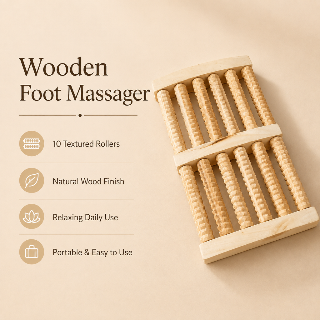 Natural Wooden Foot Massager with 10 Textured Rollers – Manual Foot Roller for Relaxation & Daily Use