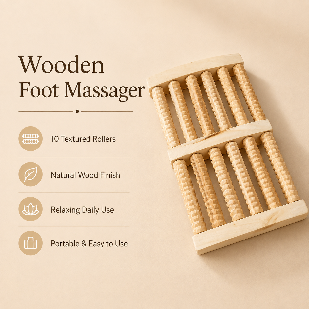 Natural Wooden Foot Massager with 10 Textured Rollers – Manual Foot Roller for Relaxation & Daily Use