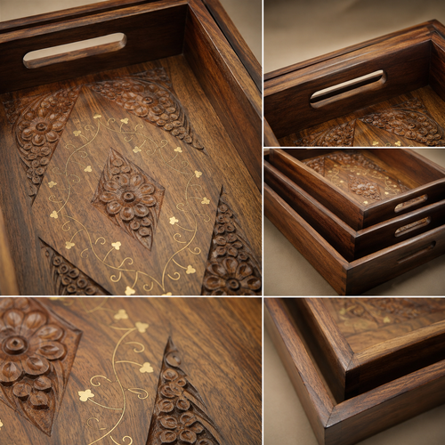Handcrafted Wooden Serving Tray Set of 3 – Carved Nesting Trays with Built-in Handles