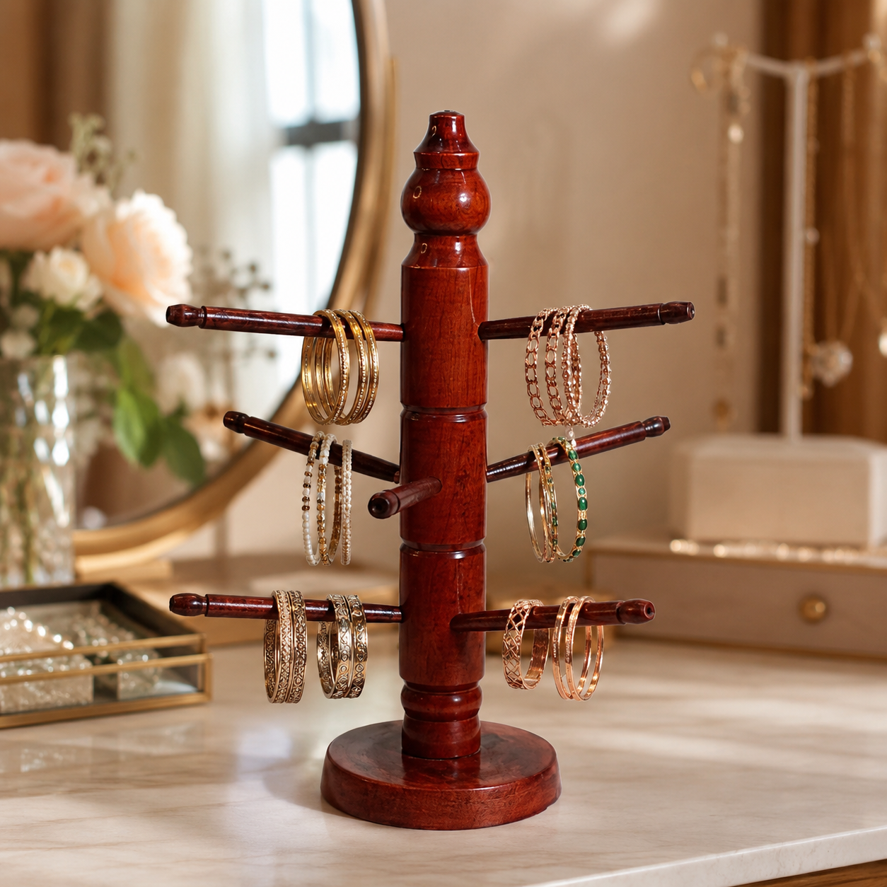 Wooden Bangle Stand with 6 Display Arms – Bracelet & Jewelry Organizer
