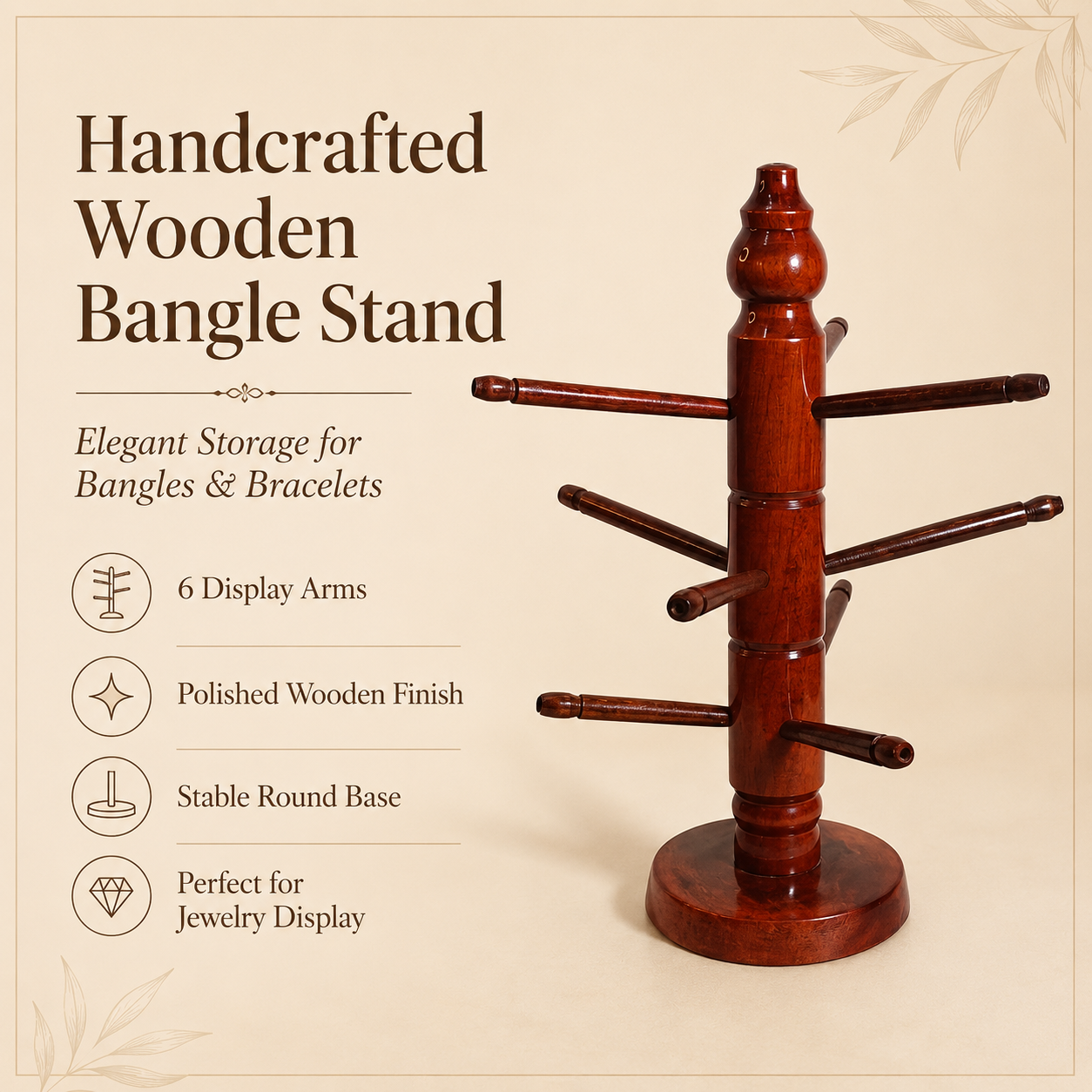 Wooden Bangle Stand with 6 Display Arms – Bracelet & Jewelry Organizer
