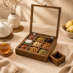 Handcrafted Wooden 9-Compartment Storage Box with Transparent Lid – Tea, Dry Fruit & Spice Organizer