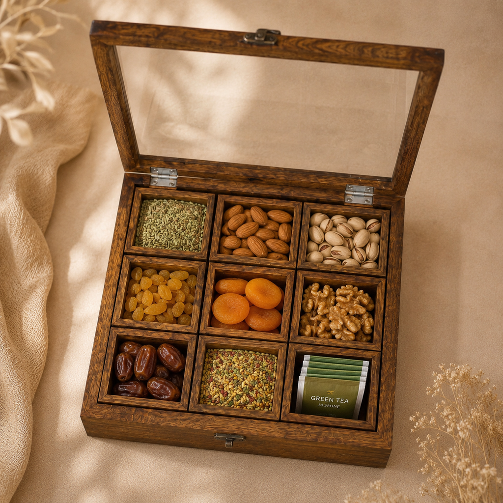 Handcrafted Wooden 9-Compartment Storage Box with Transparent Lid – Tea, Dry Fruit & Spice Organizer
