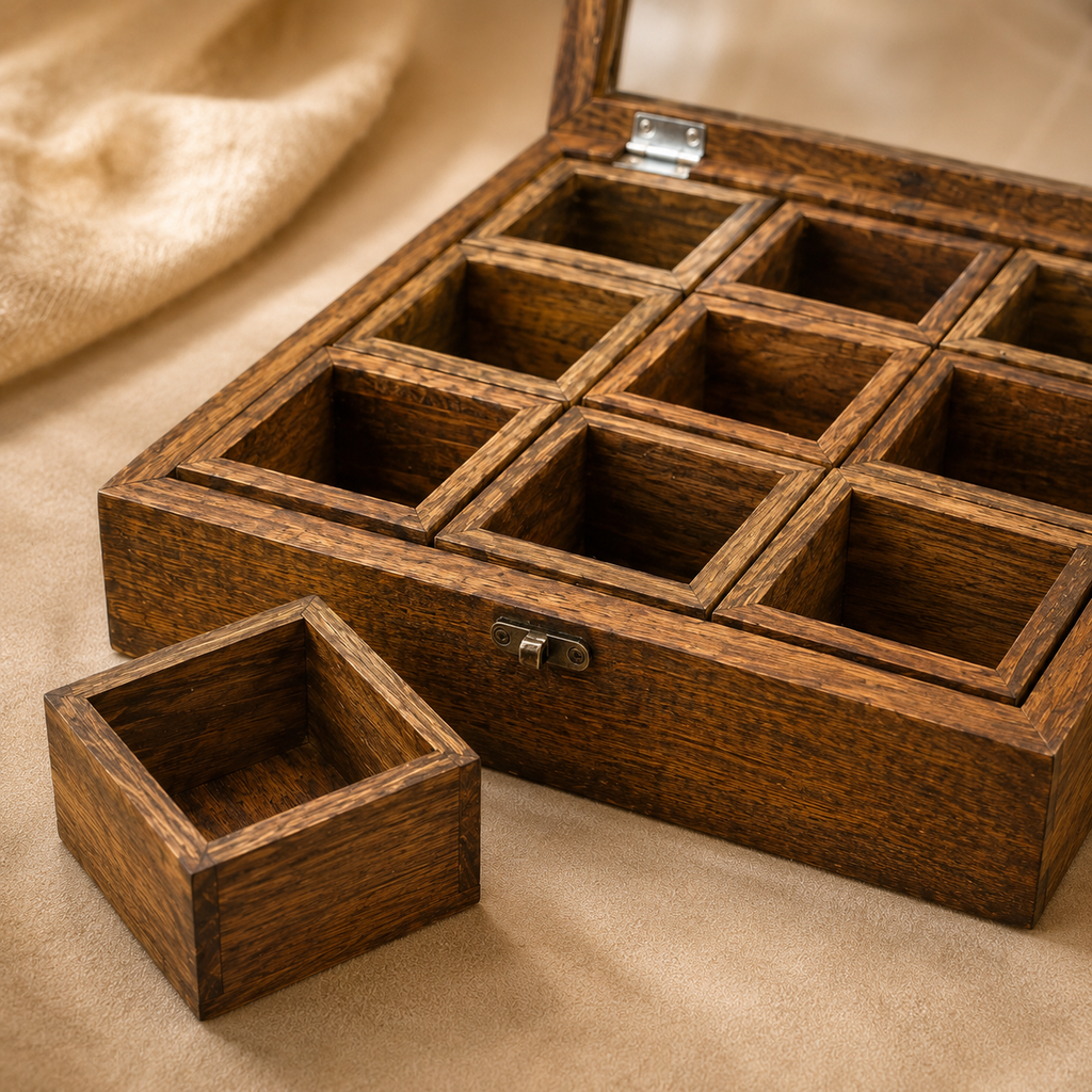 Handcrafted Wooden 9-Compartment Storage Box with Transparent Lid – Tea, Dry Fruit & Spice Organizer