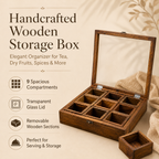Handcrafted Wooden 9-Compartment Storage Box with Transparent Lid – Tea, Dry Fruit & Spice Organizer