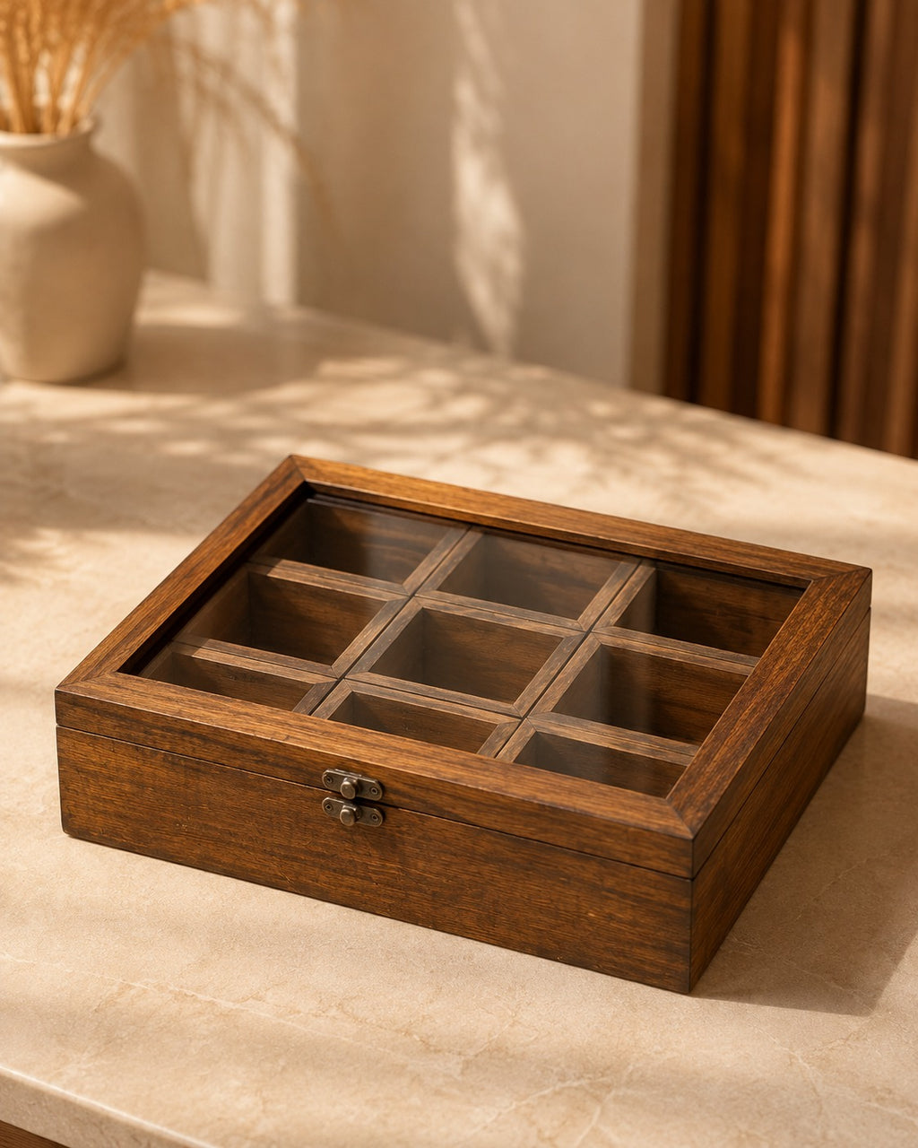 Handcrafted Wooden 9-Compartment Storage Box with Transparent Lid – Tea, Dry Fruit & Spice Organizer