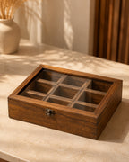 Handcrafted Wooden 9-Compartment Storage Box with Transparent Lid – Tea, Dry Fruit & Spice Organizer