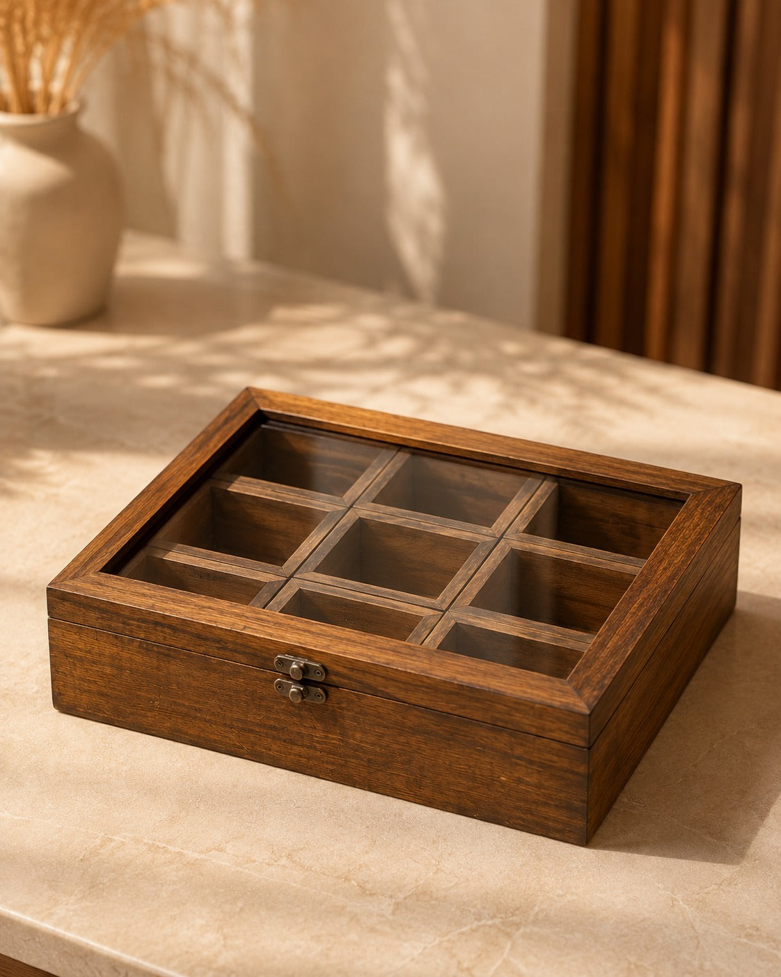 Handcrafted Wooden 9-Compartment Storage Box with Transparent Lid – Tea, Dry Fruit & Spice Organizer