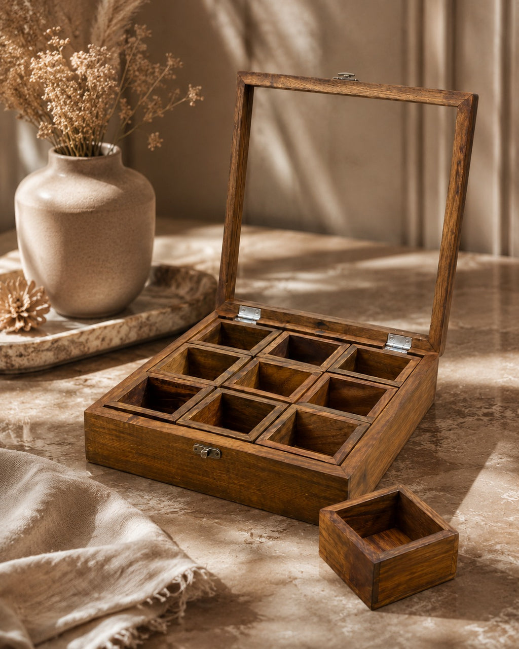 Handcrafted Wooden 9-Compartment Storage Box with Transparent Lid – Tea, Dry Fruit & Spice Organizer