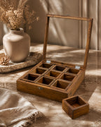 Handcrafted Wooden 9-Compartment Storage Box with Transparent Lid – Tea, Dry Fruit & Spice Organizer