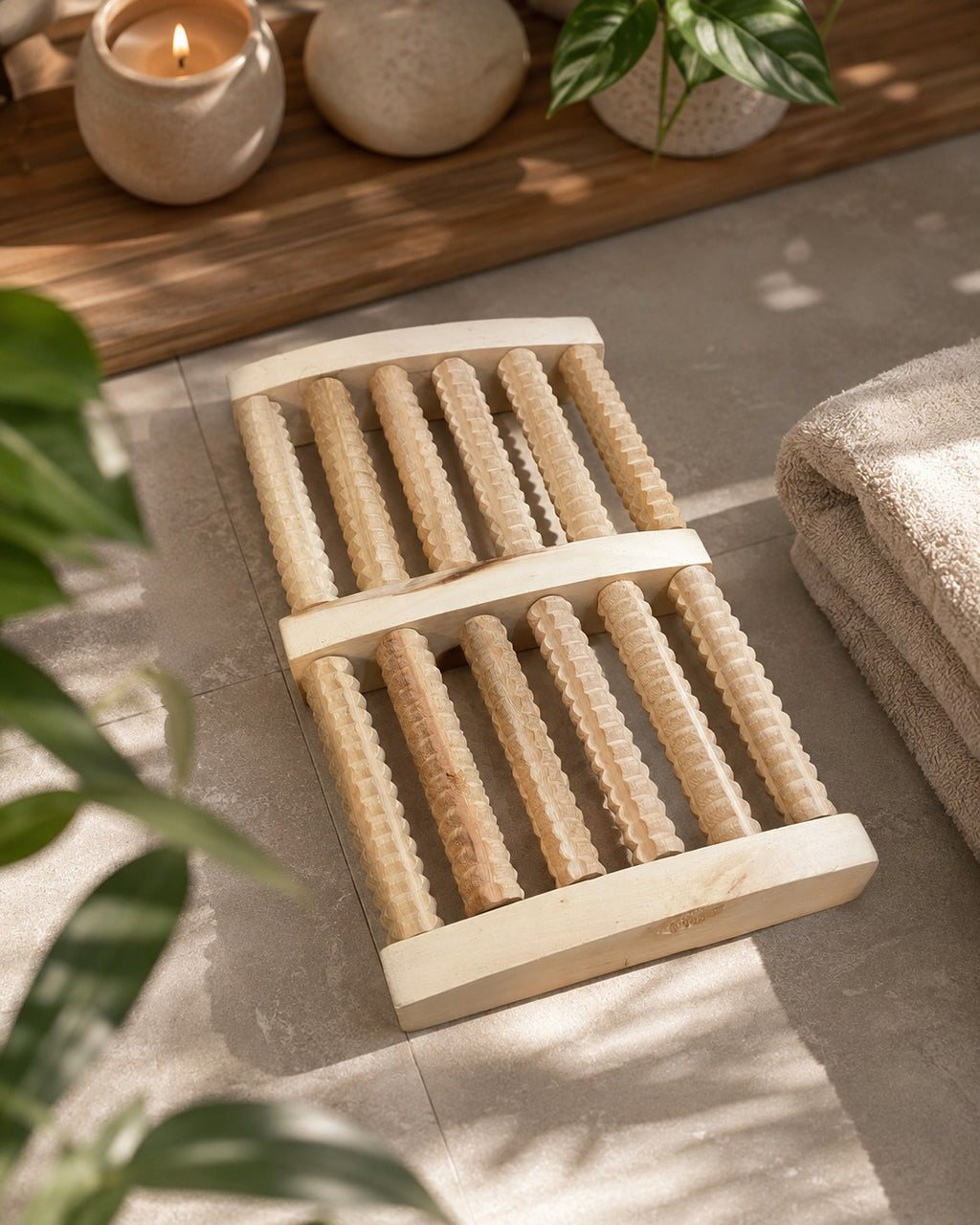 Natural Wooden Foot Massager with 10 Textured Rollers – Manual Foot Roller for Relaxation & Daily Use