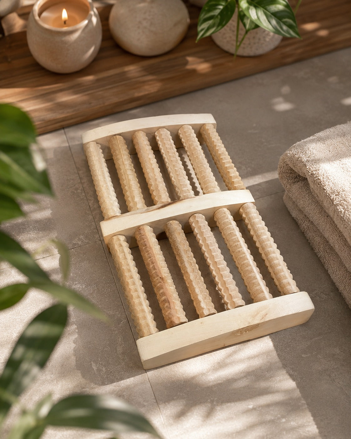 Natural Wooden Foot Massager with 10 Textured Rollers – Manual Foot Roller for Relaxation & Daily Use