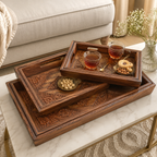Handcrafted Wooden Serving Tray Set of 3 – Carved Nesting Trays with Built-in Handles